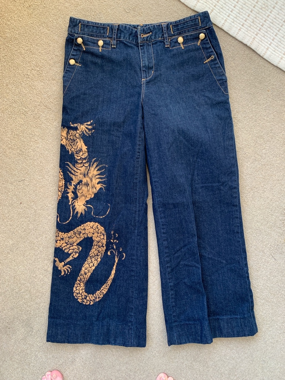 Ralph Lauren Women’s Dark Blue Denim Wide-Leg Jeans with Gold Dragon Print 4